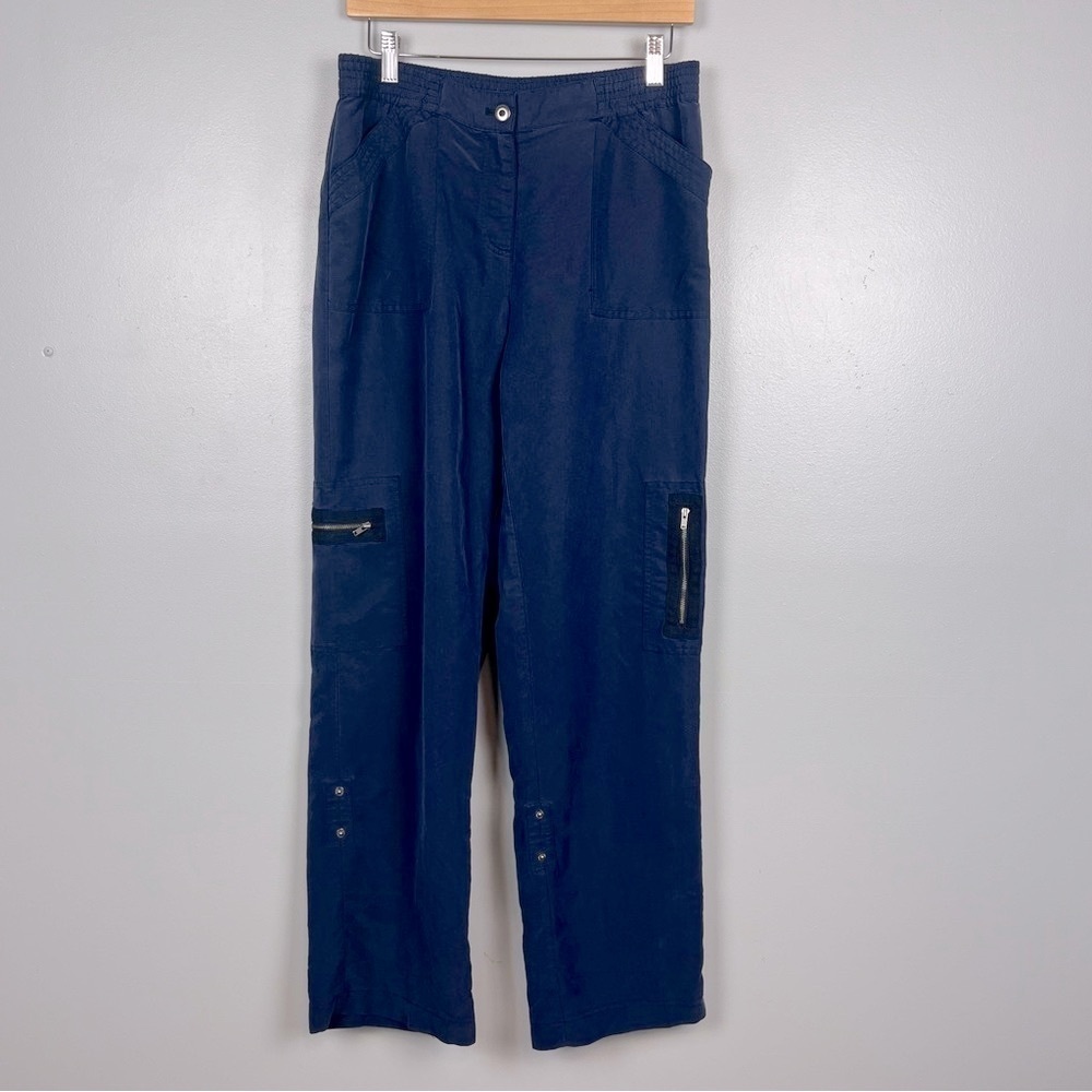 Chico’s blue modal poly blend convertible elastic waist cargo pants, 1 = medium.
